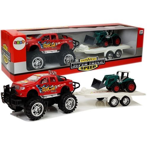 Set vozila Monster Truck s bagerom na prikolici crveno - zeleni slika 1