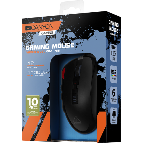 CANYON,Gaming Mouse with 12 programmable buttons, Sunplus 6662 optical sensor, 6 levels of DPI and up to 5000, 10 million times key life, 1.8m Braided cable, UPE feet and colorful RGB lights, Black, size:124x79x43.5mm, 148g slika 5