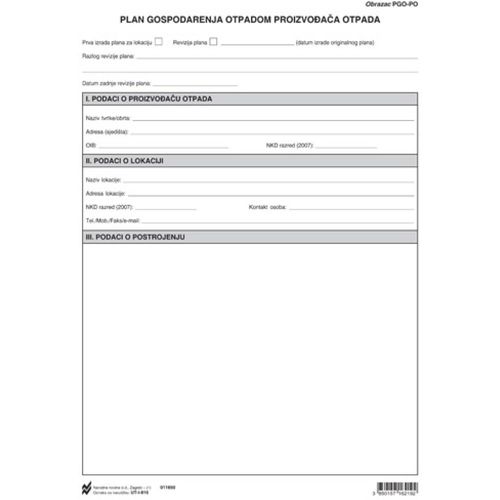 I-816 PLAN GOSPODARENJA OTPADOM PROIZVOĐAČA OTPADA (Obrazac PGO_PO) (Dodatak XIV) Arak, 21 x 29,7 cm slika 1