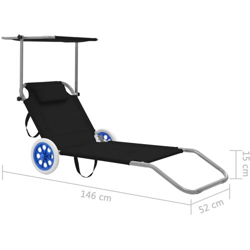 Sklopiva ležaljka za sunčanje s krovom i kotačima čelična crna slika 8