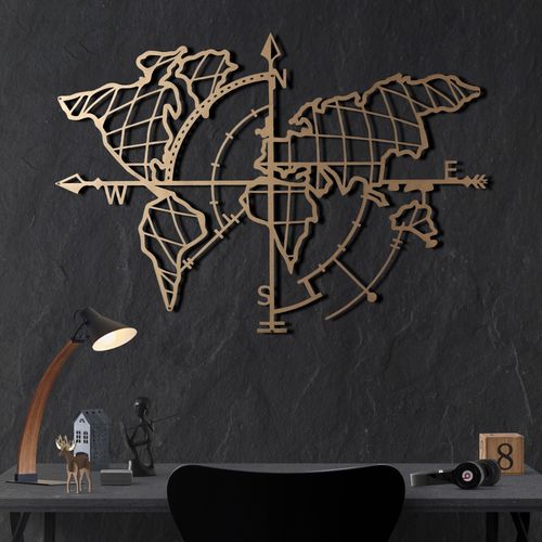 Wallity Metalna zidna dekoracija, World Map Compass Gold slika 1