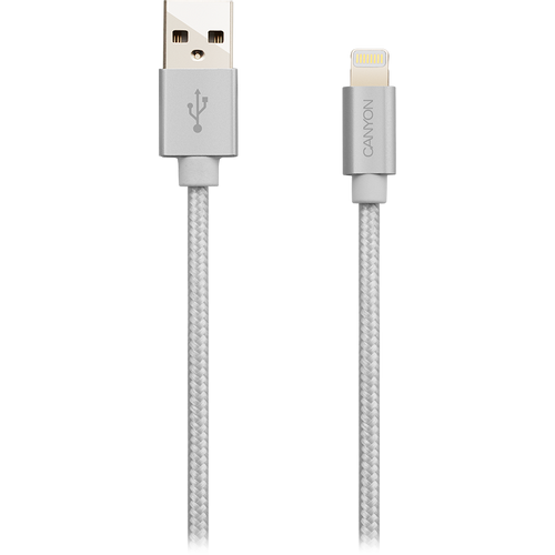 CANYON MFI-3 Charge &amp; Sync MFI braided cable with metalic shell, USB to lightning, certified by Apple, cable length 1m, OD2.8mm, Pearl White slika 1