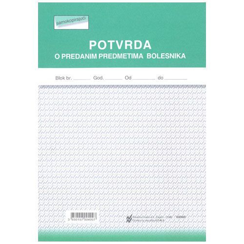 III-3 POTVRDA O PREDANIM PREDMETIMA BOLESNIKA; Blok 2 x 50 listova, 14,8 x 21 cm slika 2