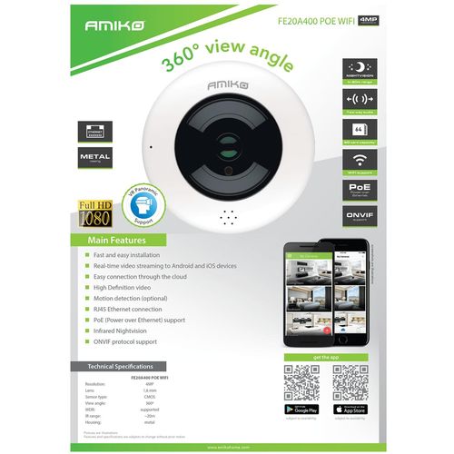 Amiko Home Kamera IP, 4 MP, SD utor,Lens 1,6mm, 360°,IR20, IP66 - FE20A400 POE WIFI slika 4