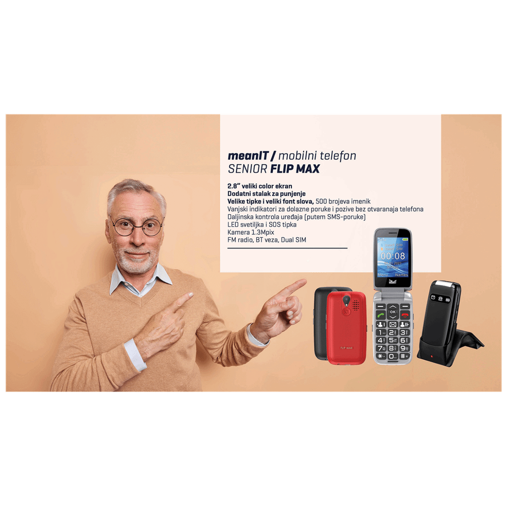 MeanIT Telefon mobilni, 2.8" ekran, Dual SIM, SOS tipka - SENIOR FLIP MAX Red slika 5