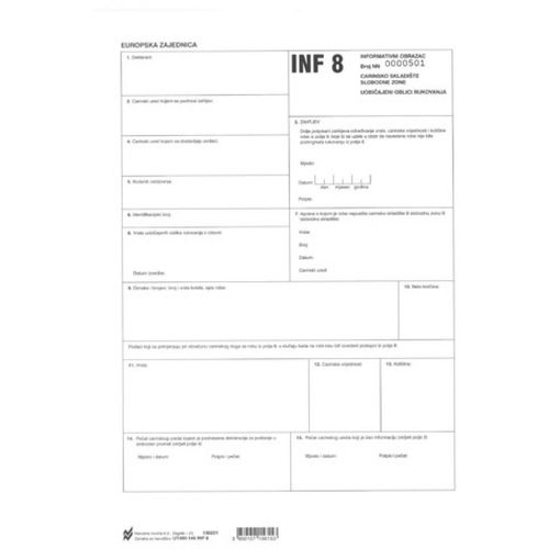 XIII-146 INF8 INFORMATIVNI OBRAZAC - CARINSKO SKLADIŠTE - SLOBODNE ZONE - UOBIČAJENI OBLICI RUKOVANJA INF8; Llist, 21 x 29,7 cm slika 1