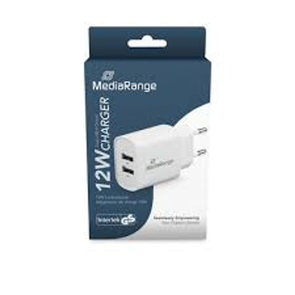 MediaRange zidni adapter za brzo punjenje, 12W (EU-utikač), 2x USB-A, bijeli, MRMA114 slika 1