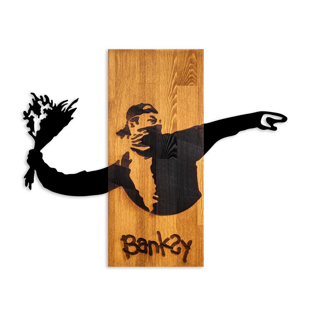 Banksy - Cvjećar Bacač, Ukrasni Drveni Zidni Panel u Boji Oraha i Crnoj slika 5