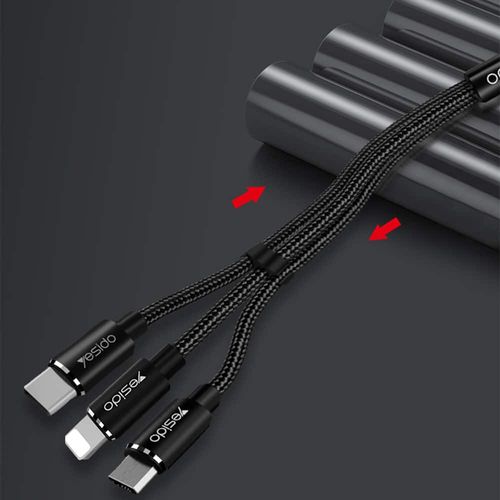 Yesido - Podatkovni kabel (CA-60) - 3u1 USB na Type-C-Lightning - Micro USB  60W 3A 1.2m - crni slika 2