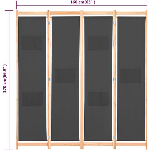 Sobna pregrada s 4 panela od tkanine 160 x 170 x 4 cm siva slika 42