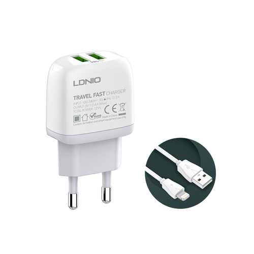 Kucni punjac LDNIO A2219 2xUSB 5V 2.4A 12W sa iPhone lightning kablom beli slika 1