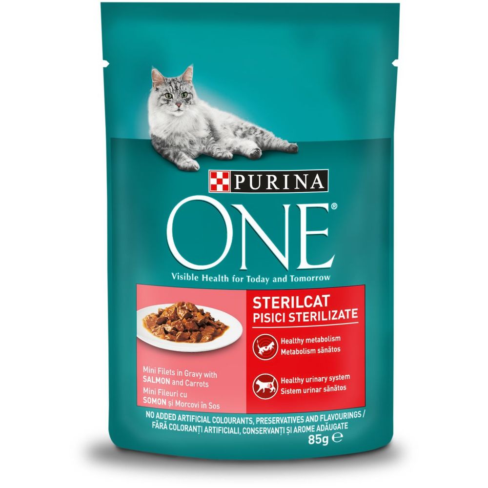 Purina ONE Hrana za mačke, mini fileti s lososom i mrkvom u umaku Sterilcat Adult 85g slika 5