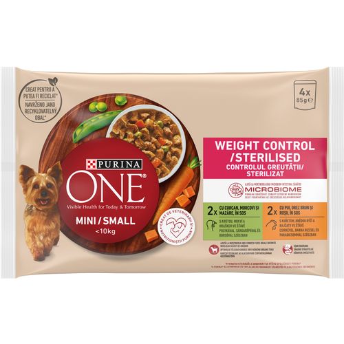 Purina ONE® Weight Control, 12x(4x100g) s puretinom, mrkvom i graškom u umaku sa svinjetinom, smeđom rižom i rajčicama u umaku slika 1