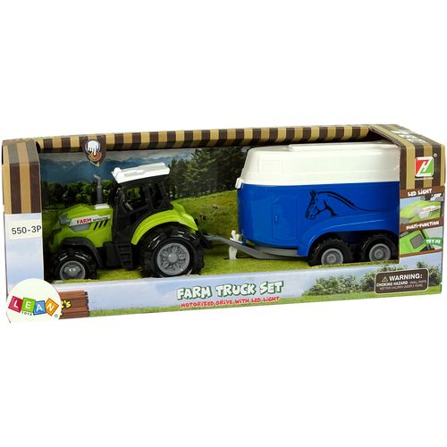 Zeleni traktor s plavom prikolicom za prijevoz konja slika 5