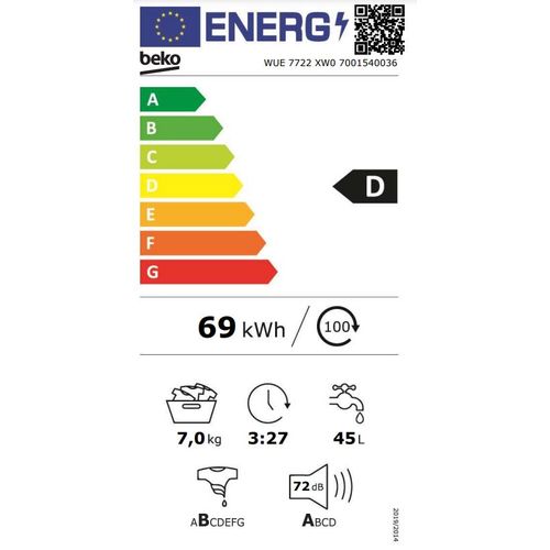 Beko WUE 7722 XW0 Veš mašina, ProSmart™ Inverter Motor, 7 kg, 1400 rpm, Dubina 49 cm slika 6