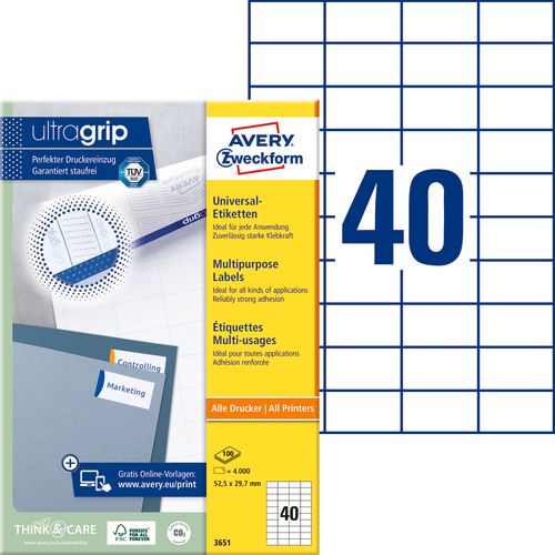 Avery Zweckform 3651 višenamjenske naljepnice A4 ultragrip 52,5x29,7mm 100 listova 4.000 naljepnica bijele   slika 2