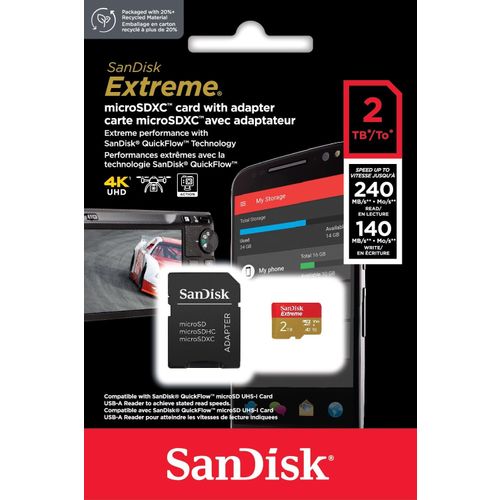 SanDisk 2TB Extreme microSDXC UHS-I with adapter up to 240MB/s, C10, U3, V30, 4K, 5K, A2, Micro SD card slika 3