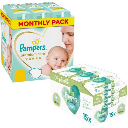 Pampers Premium Care mesečno pakovanje pelena + Pampers vlažne maramice Harmonie Aqua Plastic Free 15X48 XXL slika 1