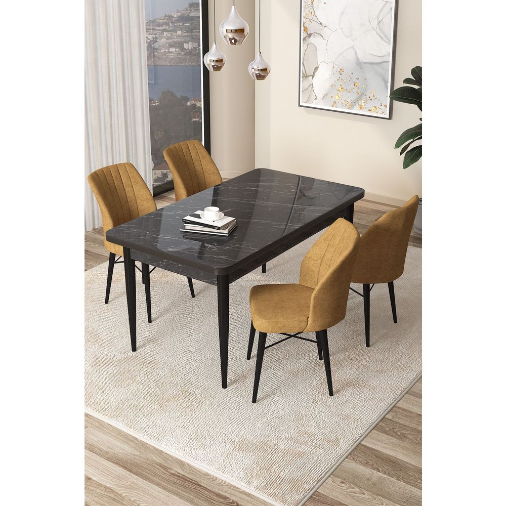 Arp - Crni Mramor, Cappuccino Crni Mramor - Set Trpezarijskog Stola i Stolica (5 Komada) slika 1
