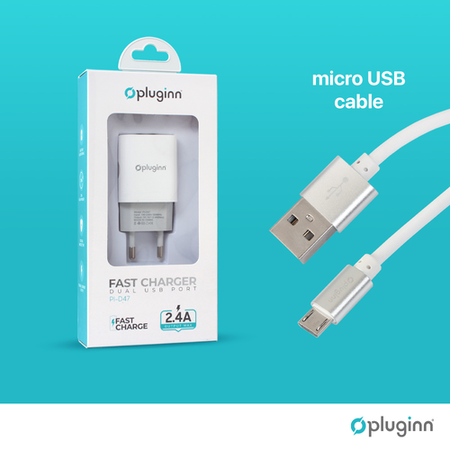 Kućni punjač Pluginn PI-D47, 5V, 2.4A, 12W 2xUSB sa micro USB kablom beli slika 3