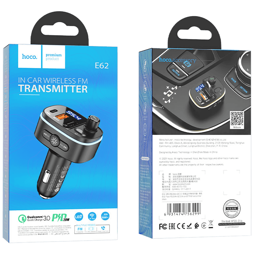 hoco. FM modulator, E62,Bluetooth,12/24 V,2xUSB, 1xUSB-C,PD20W - E62 Fast slika 2