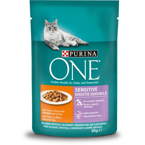 Purina ONE Sensitive Adult vrećice za mačke, mini fileti s piletinom i mrkvom i s lososom i mrkvom u umaku, 4x85 g slika 1