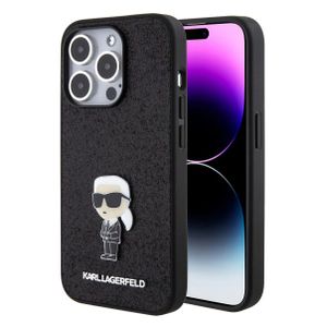 Karl Lagerfeld maska za iPhone 15 Pro IKONIK FIXED GLITTER IKONIK LOGO METAL PIN BLACK