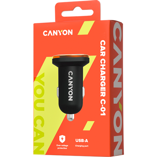 CANYON C-01 Universal 1xUSB car adapter, Input 12V-24V, Output 5V-1A, black rubber coating with orange electroplated ring(without LED backlighting), 51.8*31.2*26.2mm, 0.016kg slika 5