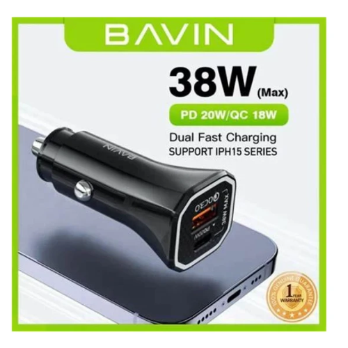 Bavin auto punjač max 38W PD20W+ QC3.0 USB-A + USB-C crna slika 1