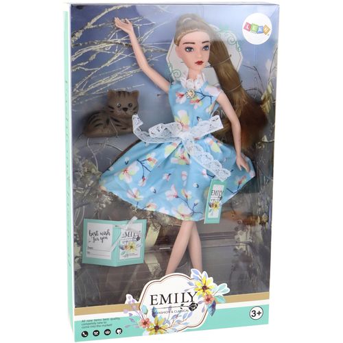 Lutka Emily u cvjetnoj plavoj haljini s mačićem slika 4