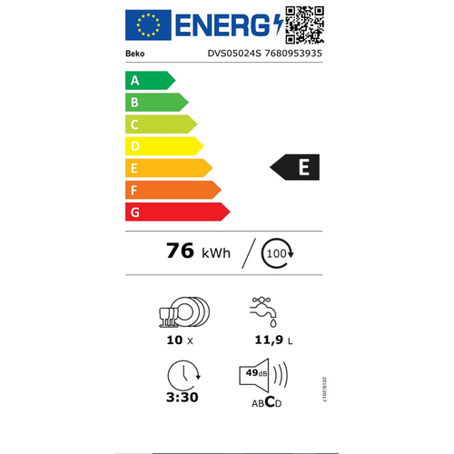 Beko DVS 05024 S Mašina za pranje sudova, Samostojeća, Širina 44.8 cm, 10 kompleta posuđa slika 7