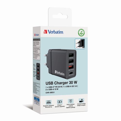 Punjač zidni Verbatim #49700 1xUSB-C/PD 20W/1xUSB-A QC 3.0/2xUSB-A 10W, EU, crni slika 2