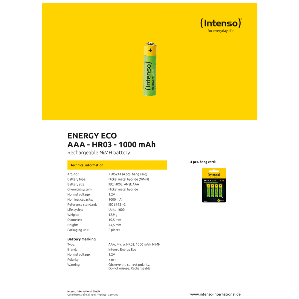(Intenso) Baterija punjiva AAA / HR03, 1000 mAh, blister 4 kom - AAA / HR03/1000 slika 3