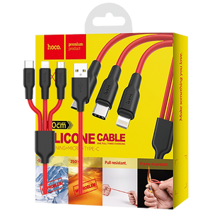 hoco. USB kabel, 3in1, microUSB, type C, Lightning, 1.2 met., 2 A - X21 Silicone 3in1, Black/Red