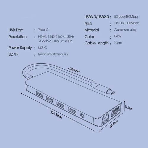 Adapter Type C na LAN Gb, SD card, TF, Type C, 3xUSB 3.0, USB 2.0, Audio, 2xHDMI i VGA 12 u 1 20cm kabl slika 11