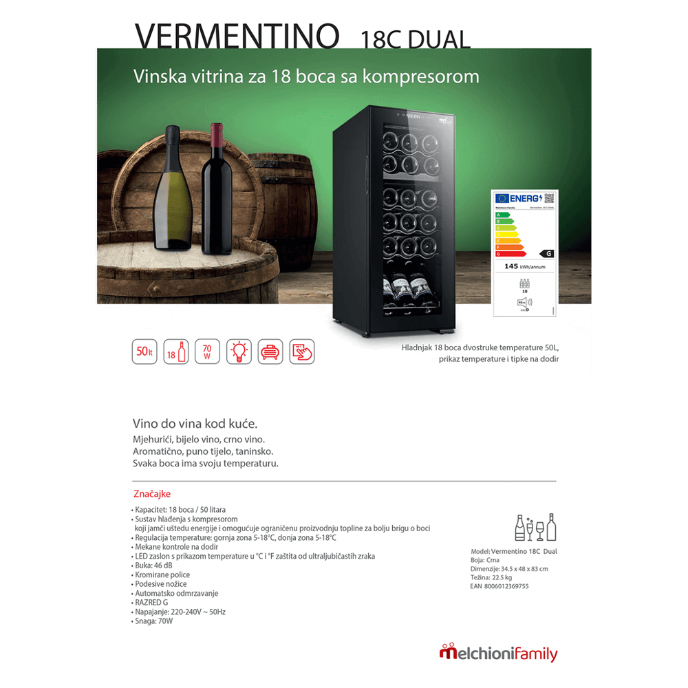 MELCHIONI family Rashladna vinska vitrina, zapremina 50 lit - VERMENTINO 18 C DUAL slika 2