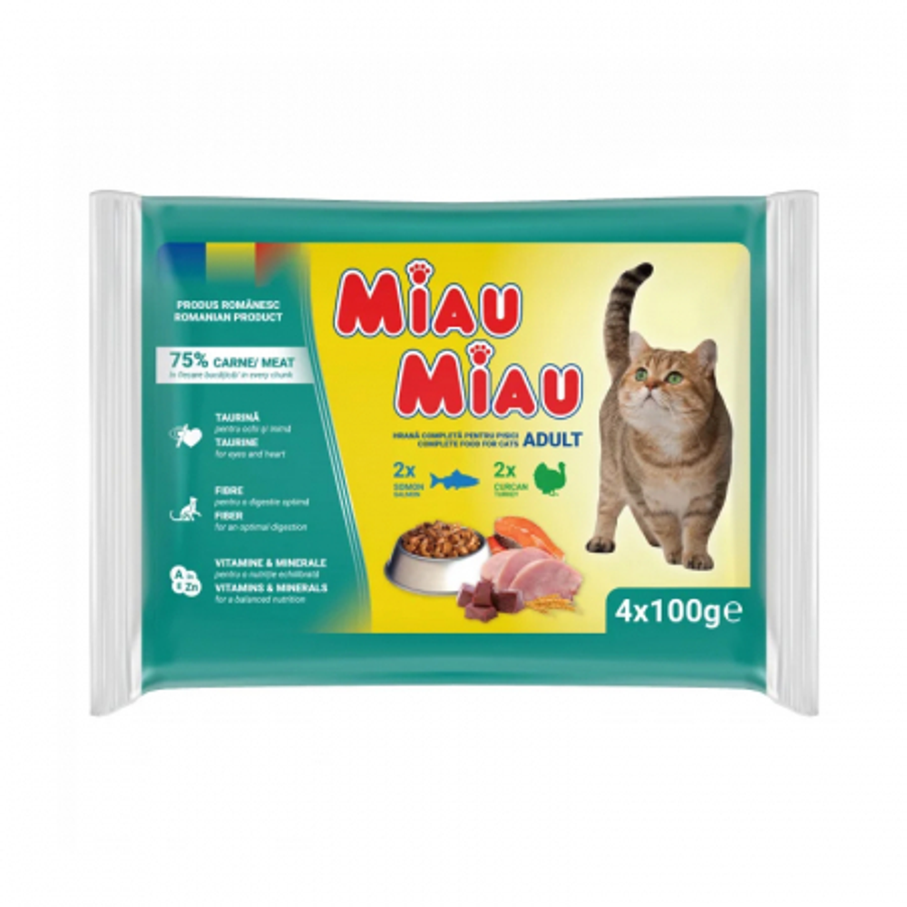 Miau Miau mix pack hrana za mačke u umaku Puretina Losos 4x100g slika 1
