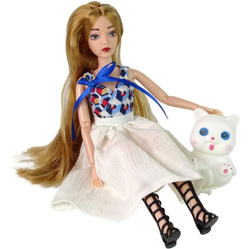 Lutka Emily u bijeloj haljini s macom i dodatnim cipelama slika 4