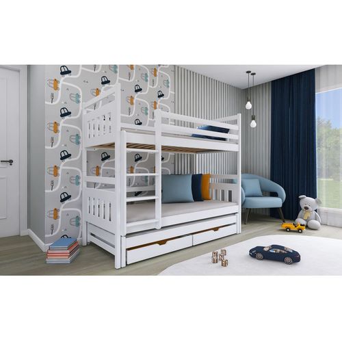 Drveni dečiji krevet na sprat Seweryn s tri kreveta i fiokom - beli - 180*80 cm slika 1