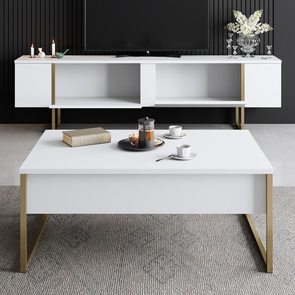 Luxe Set - Bijeli, Zlatno Bijeli Komplet Namještaja za Dnevni Boravak slika 3