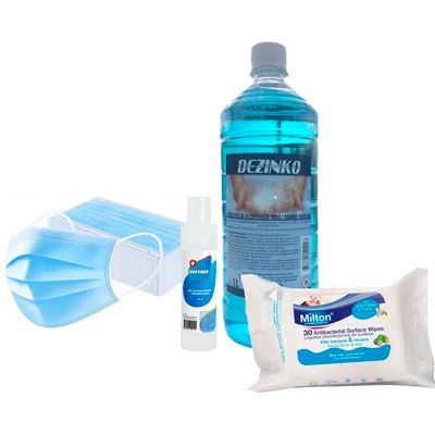 Set za zaštitu i dezinfekciju sadrži paket jednokratnih zaštitnih maski (50 kom), Dezinko sredstvo za dezinfekciju ruka i površina (1 litra), putno pakiranje Dezynex dezinfekcijskog gela za suho pranje ruku i Milton nježne dezinfekcijske vlažne maramice