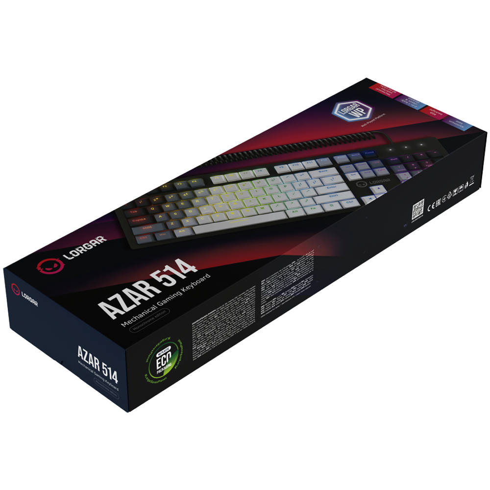 LORGAR Azar 514, Mehanička igračka tastatura, RGB pozadinsko osvjetljenje, 1680000 varijacija boja, 18 režima, broj tastera: 104, 50M klikova, linearni Dream prekidači, kabl do 3.4m, ABS plastika + metal, magnetski poklopac, 450*136*39mm, 1.17kg, bijela, EN raspored slika 8