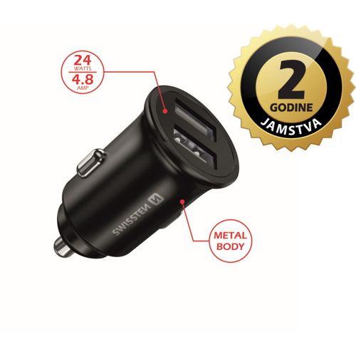 SWISSTEN punjač za auto, 2xUSB, 4.8A, 12-24V, metalic, crni slika 1