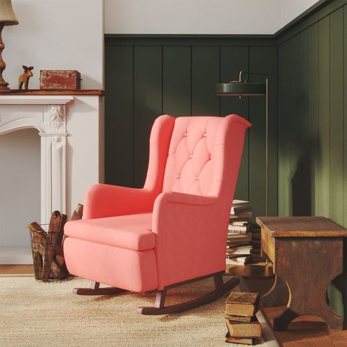 Fotelja s nogama za ljuljanje od kaučukovca ružičasta baršun slika 1