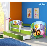 Dječji krevet ACMA s motivom, bočna zelena + ladica 140x70 cm 01 Zoo