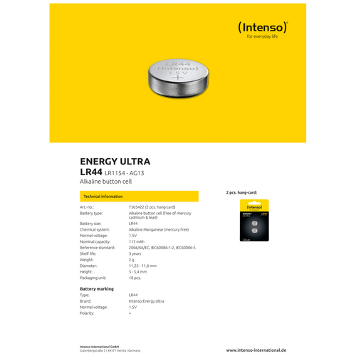 (Intenso) Baterija alkalna LR44/2, 1,5 V dugmasta, blister 2 kom - LR44/2 slika 3