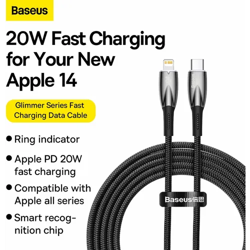 BASEUS kabel Type C za Apple Lightning 8-pin Power Delivery 20W Glimmer Series CADH000101 2m crna slika 2