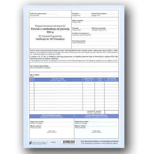 I-706 POTVRDA O OSLOBAĐANJU PLAĆANJA PDV-A; Komplet 3 lista, 21 x 29,7 cm slika 2