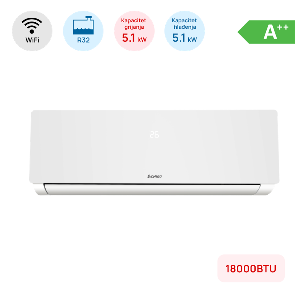 Klima Chigo 18000BTU, 5.1kW, A++, R32, -25°C ~ 50°C, s grijačem, WiFi, bijela slika 1