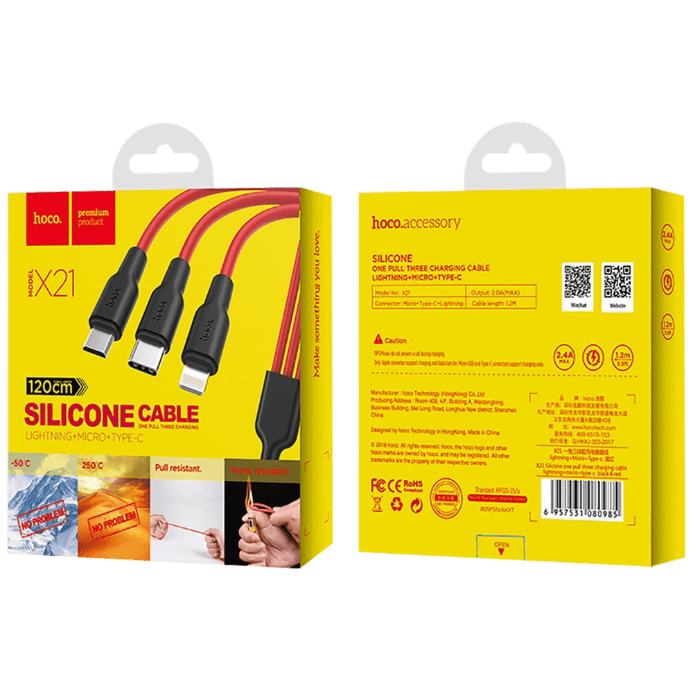 hoco. USB kabl, 3in1, microUSB, type C, Lightning, 1.2 met., 2 A - X21 Silicone 3in1, Black/Red slika 2